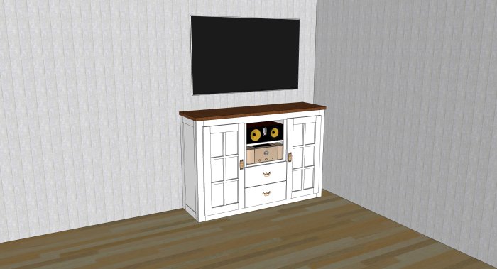 3D-modellerad TV-bänk i vitt, med brunt toppskikt, designad för dold Hi-Fi-utrustning.