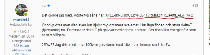 Skärmdump från diskussionsforum där en användare delar länk och ger tips om optimering av värmesystem.