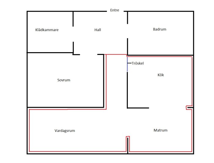 Ritning av nedervåningen med röd markering för områden att lägga parkettgolv utan trösklar.