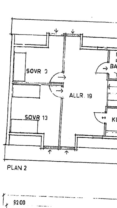 Ritning över husets planlösning som markerar väggen som ska tas ner för att skapa en 3 meter öppning.