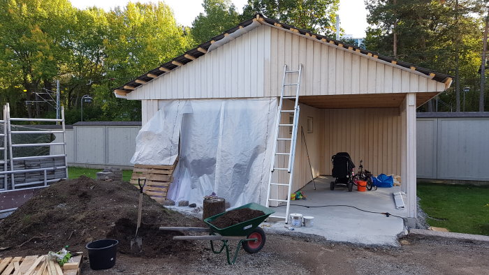 Garage under renovering med uppsatta ribbor på vägg och vitmålad yta, jordhög och trädgårdsverktyg i förgrunden.