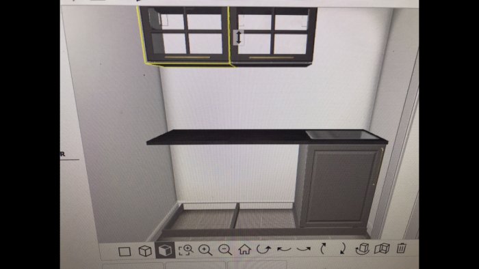 3D-ritning av en tänkt tvättstugeinredning med fönster, arbetsbänk och skåp.