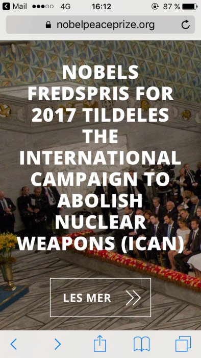 Skärmdump av Nobel fredspris tillkännagivande för 2017 på nobelpeaceprize.org, ICAN som mottagare.