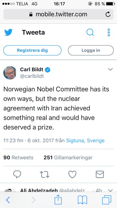 Skärmdump av Carl Bildts tweet om att kärnavtalet med Iran borde fått ett pris.