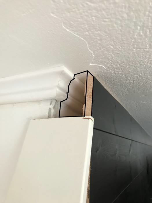 En sprucken vägg och tak med en träprofil monterad mot en list för att demonstrera en lösning för hörnets utformning.