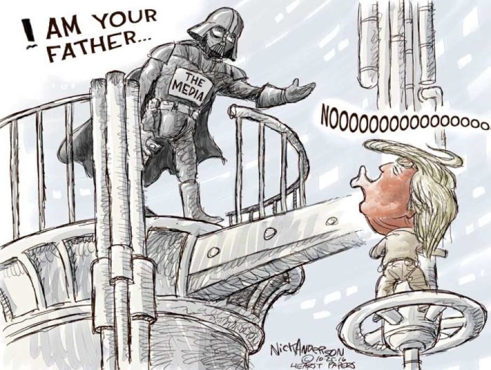 Karikatyr av Darth Vader med texten "THE MEDIA" konfronterar karaktär med cowboyhatt, som skriker "NOOOOOOOOO".