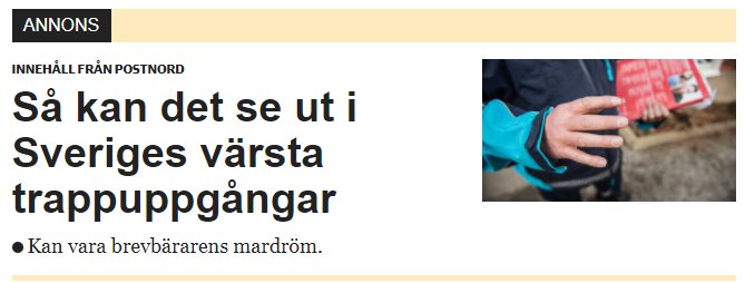 En annons från PostNord med text om Sveriges svåraste trappuppgångar och en bild på en brevbärare som delar ut post.