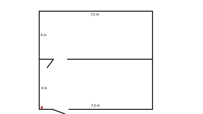 Skiss av en isolerad källare med två rum och måttangivelser, markerat rör för radiatorer.