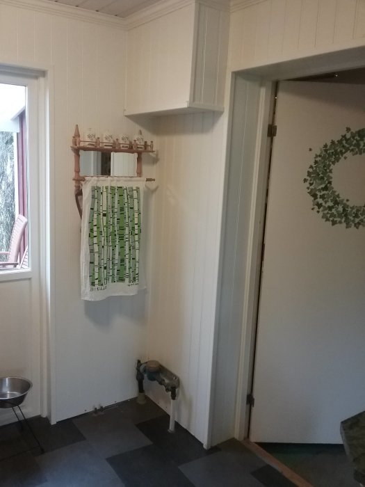 Kökshörn med vattenmätare och vit panelvägg, planerad plats för installation av vedspis/kamin.
