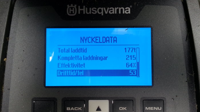 Digital skärm på en Husqvarna-enhet som visar nyckeldata med total laddtid, antal laddningar och effektivitet.