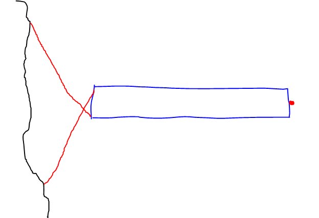 Schematisk ritning av en flytbrygga förankrad i land med kättingar och i ett rör vid insjö.