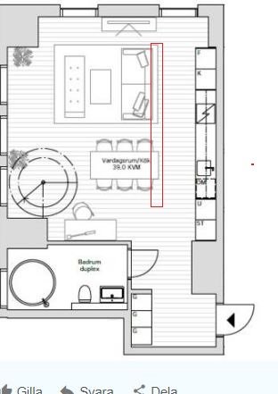 Planritning över en lägenhet som visar kök och vardagsrum i öppen planlösning.