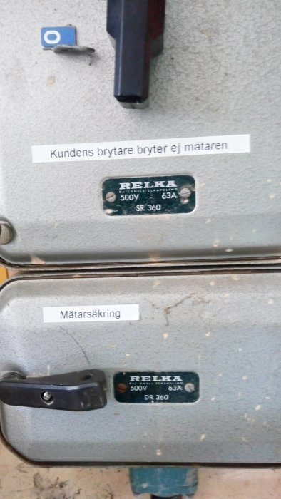 Elcentral med märkningarna "Kundens brytare bryter ej mätaren" och "Mätarsäkring" över två säkringsdosaer.