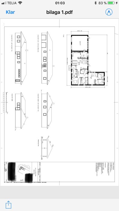 Bild på en arkitektritning av ett hus med planlösning och fasadvyer.