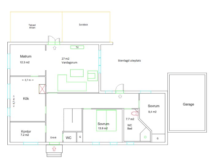 Planritning av ett hus med markerade rum för sovrum, kontor, vardagsrum och kök, inklusive en murstock markerad med rött X.