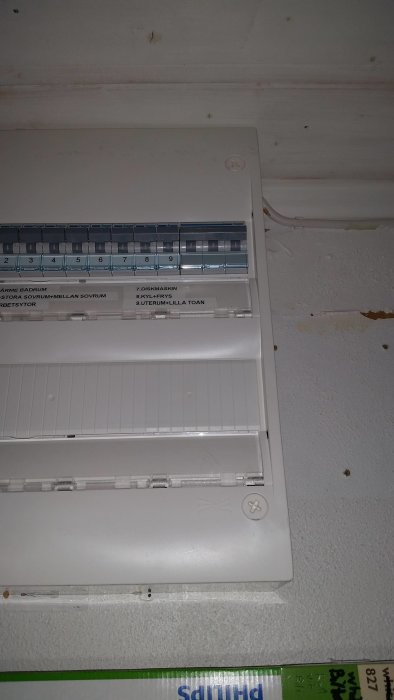 En öppen elcentral med etiketter för olika rum och apparater, inklusive en dvärgbrytare.