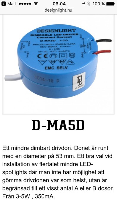 Blå dimbart LED-drivdon D-MAD5 från DESIGNLIGHT för inbyggda spotlights.