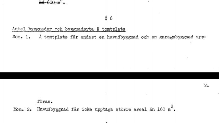 Skärmbild av en text som beskriver begränsningar för byggnadsyta på 160 kvm på en tomt.