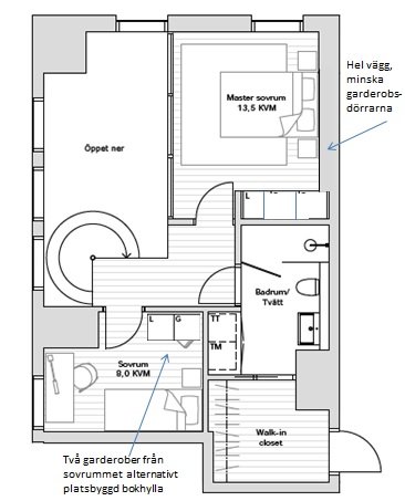 Ritning av lägenhet som visar sovrum utan hel vägg för säng samt förslag på garderobsförändring.