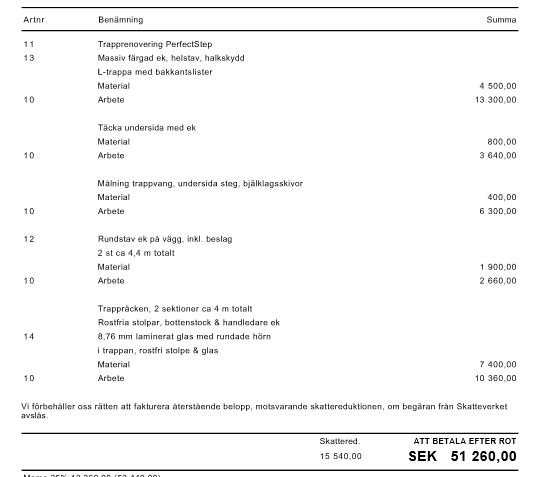 Offert för trapprenovering med specifikation av material och arbete, total summa 51 260 SEK efter ROT.