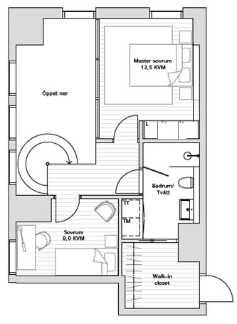 Ritning av en öppen planlösning med master sovrum, ett mindre sovrum, badrum, tvätt, och walk-in closet.