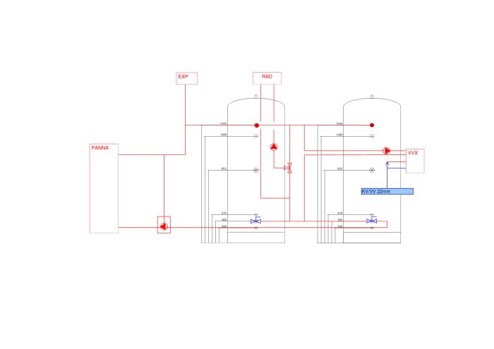 Teknisk ritning av kopplingsschema för installation av två acktankar med dimensioner och komponentbeteckningar.