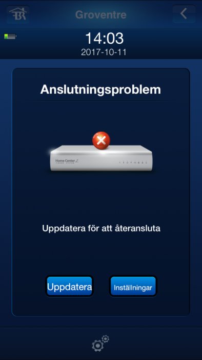 Skärmdump av Fibaro app med anslutningsproblem, uppmanar till uppdatering för återanslutning.