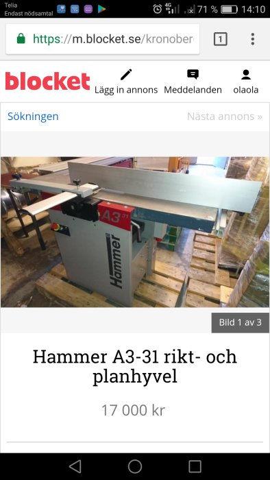 Nyinköpt Hammer A3-31 rikt- och planhyvel i en verkstad, visas på försäljningsannons.