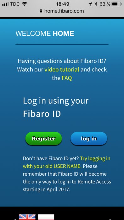 Skärmavbild av Fibaro ID inloggningssidan med Register och Log in knappar.