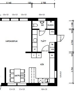 Arkitektonisk ritning av en lägenhet med överkryssad rektangel i köksområdet.