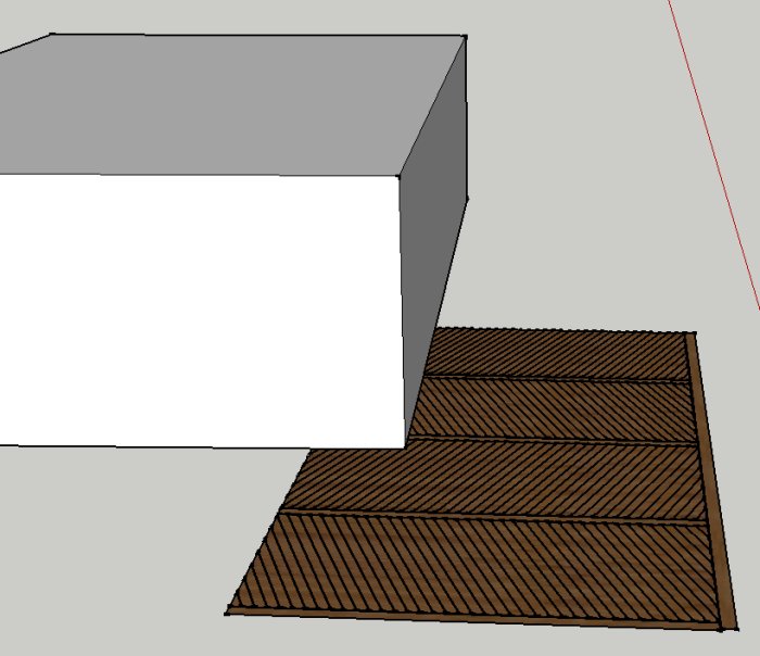 3D-modell av ett hus med en terrass som inte är linjerad med husets eller poolens vinkel.