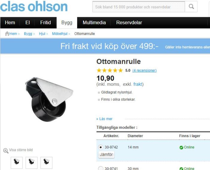 Skärmdump av Clas Ohlson webbsidas produkt, en Ottomanhjul, prissatt 10,90 SEK med betygsstjärnor och fraktdetaljer.