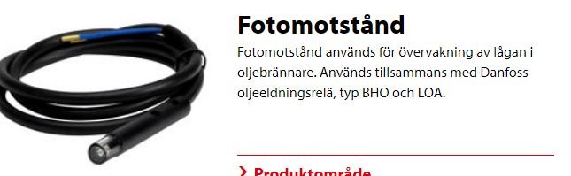 Fotomotstånd med kabel för övervakning av lågan i oljebrännare, används med Danfoss oljeledningsrelä.