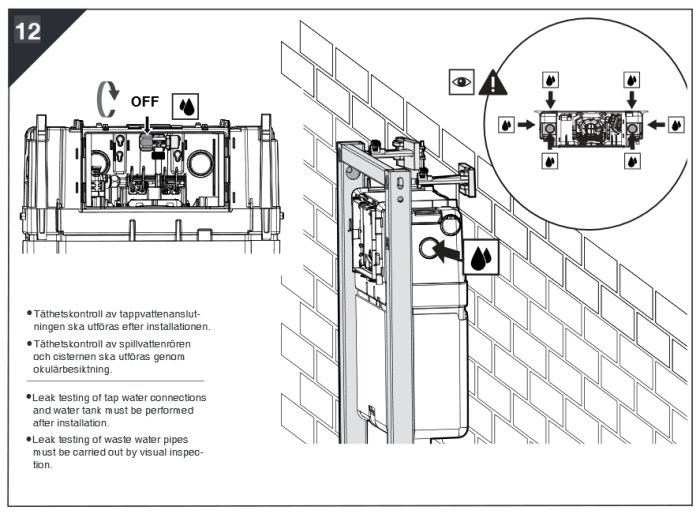 Schematisk illustration av installation och sidokoppling för en vägghängd toalettfixtur.