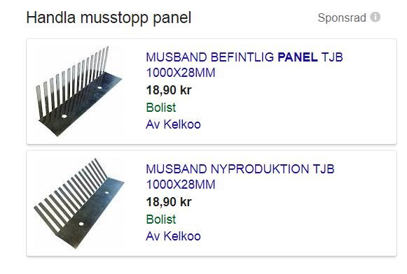 Två olika typer av musskyddspanel för hus, märkta "MUSBAND BEFINTLIG PANEL TJB" och "MUSBAND NYPRODUKTION TJB".