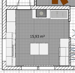 2D-ritning av kökslayout med köksö, vitvaror och märkning av yta 15,93 m².