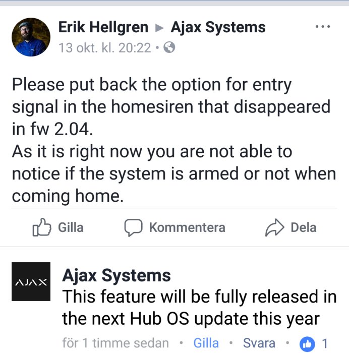 Skärmdump av en Facebook-konversation där Erik Hellgren frågar Ajax Systems om en saknad funktion.