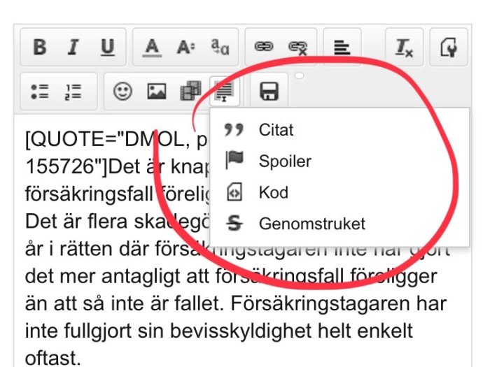 Textredigerare med fokus på citatfunktionen i en forumdiskussion.