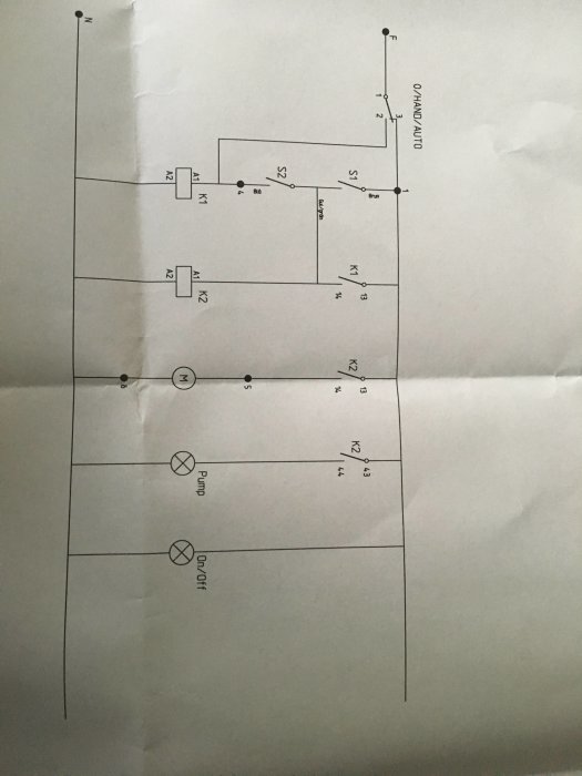 Elektriskt schema över pumpautomatik för dräneringsbrunn med nivågivare S2 och reläer.