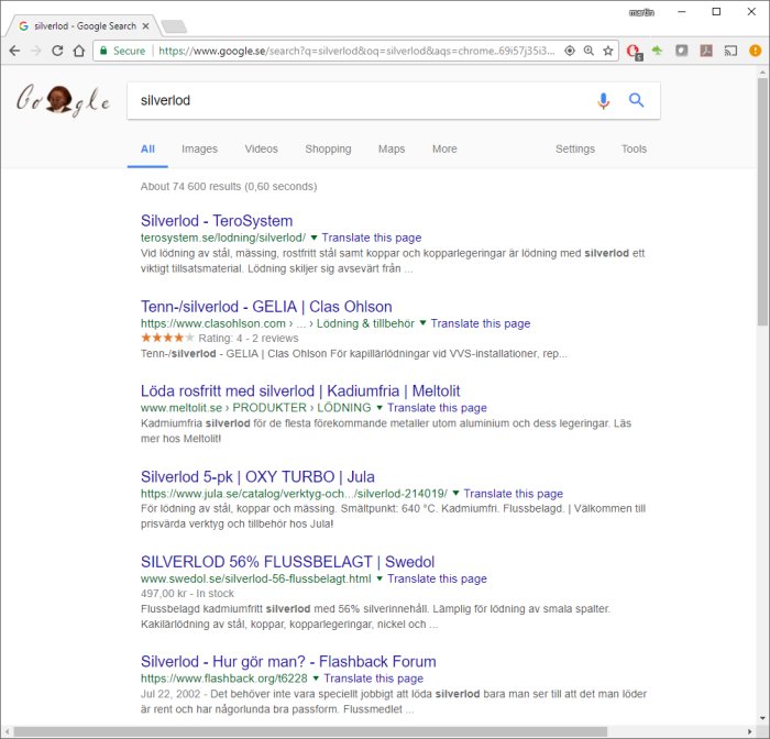 Skärmbild av Google-sökresultat för "silverlod", visar olika webbsidor som listar information och produkter.