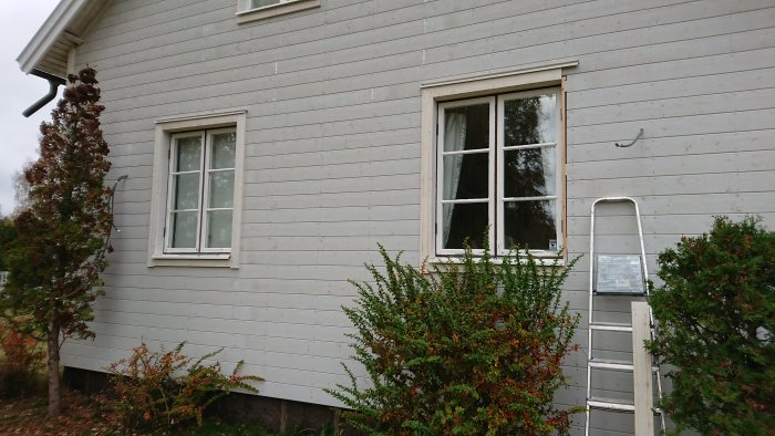 Renoverat hus med nya fönstersmygar och foder, stående träpanel med frästa dekorsömmar, snörasskydd ovanför dörr.