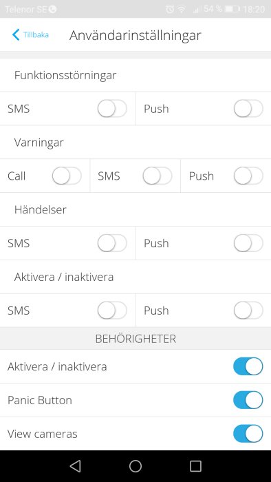 Skärmdump av användarinställningar i en app med val för SMS och push-notiser samt behörigheter för larm och kameror.