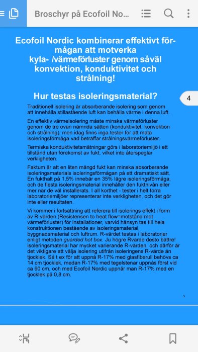 Bild av en broschyrsida om Ecofoil Nordic isoleringsmaterial som diskuterar hur R-värden jämför olika isoleringstyper.