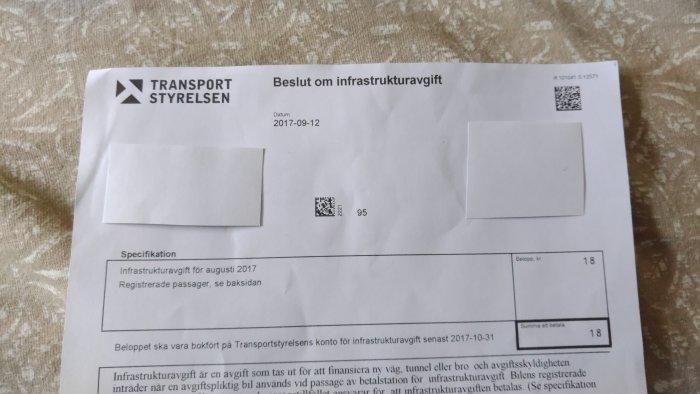 Brev från Transportstyrelsen angående beslut om infrastrukturavgift med specifikation och belopp.