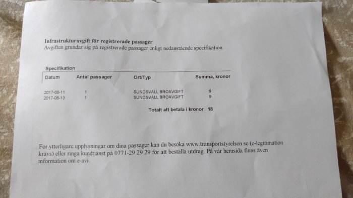 Faktura för infrastrukturavgift med två passager i Sundsvall och den totala summan på 18 kronor.