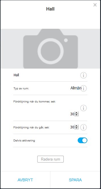 Gränssnitt för inställning av in- och utpasseringstider i en hall, med fält för rumstyp och fördröjningstider.