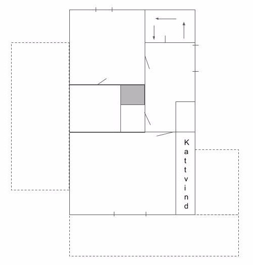 Översiktlig ritning av ett hus med befintlig rumsindelning och utmärkt kattvind, i förfrågan om utbyggnadsråd.