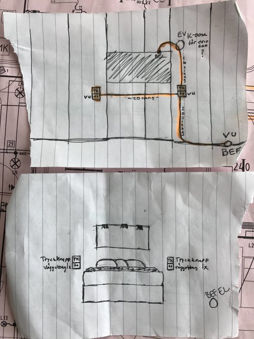 Skitserna visar en plan för elinstallationer i en vägg och ett sovrum med positioner för vägguttag och strömbrytare.