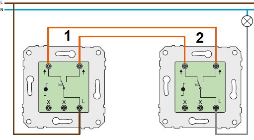 Elektriskt kopplingsschema med två strömbrytare och ledningar markerade med nummer 1 och 2.