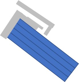 Schematisk illustration av takkonstruktion med blå kanalplast och grå nockplåt utan tätning.